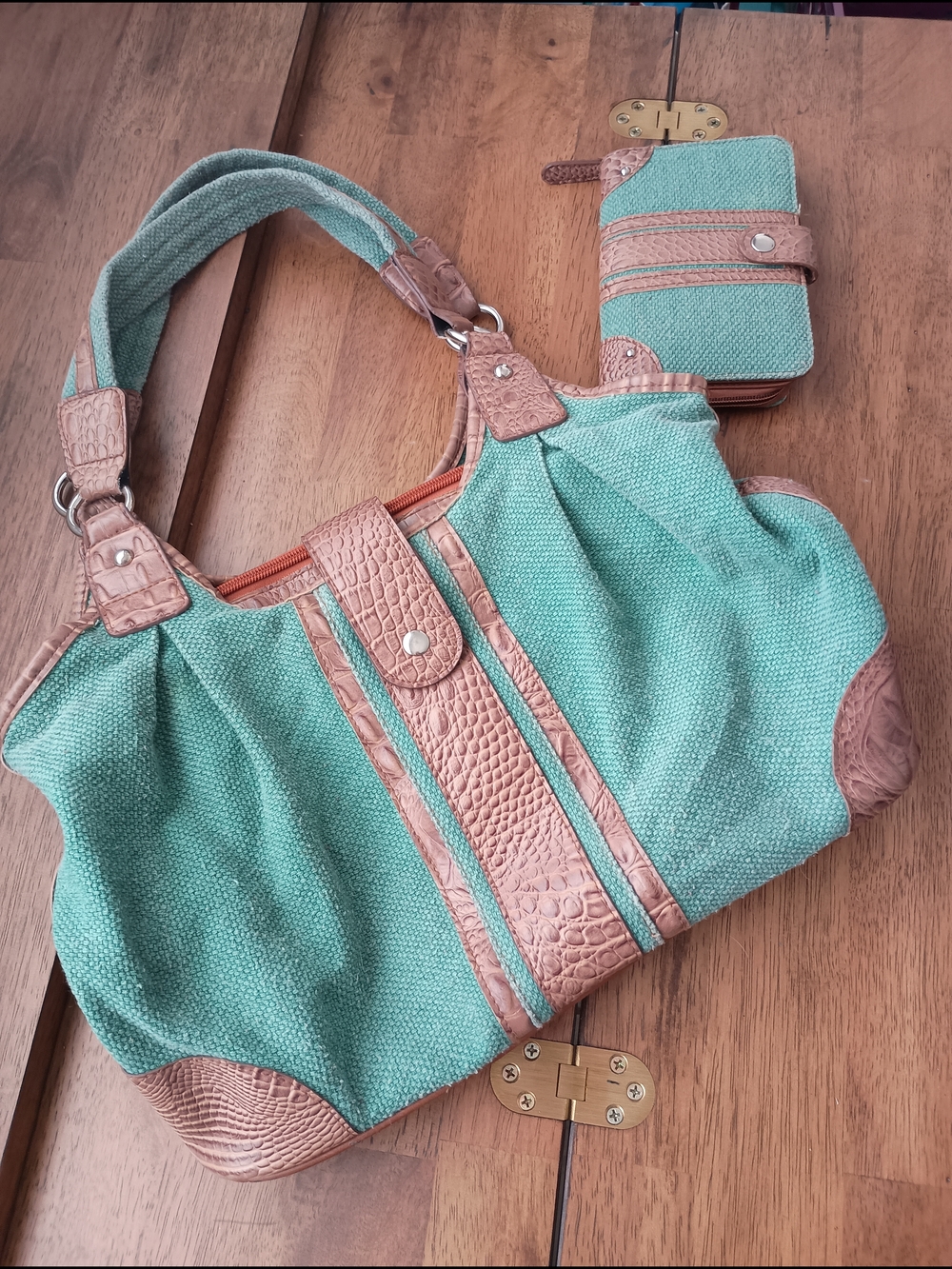 Braciano Mint Green Canvas Shoulder Bag & Wallet with Tan Croc-Texture Trim